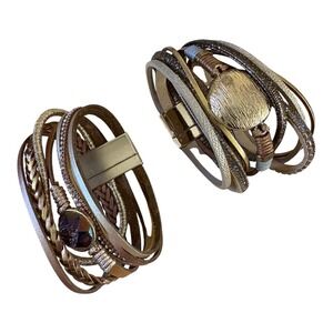 TWO Wrap Bracelet Stacked Leather Stone Magnetic Clasp Layered 7"
